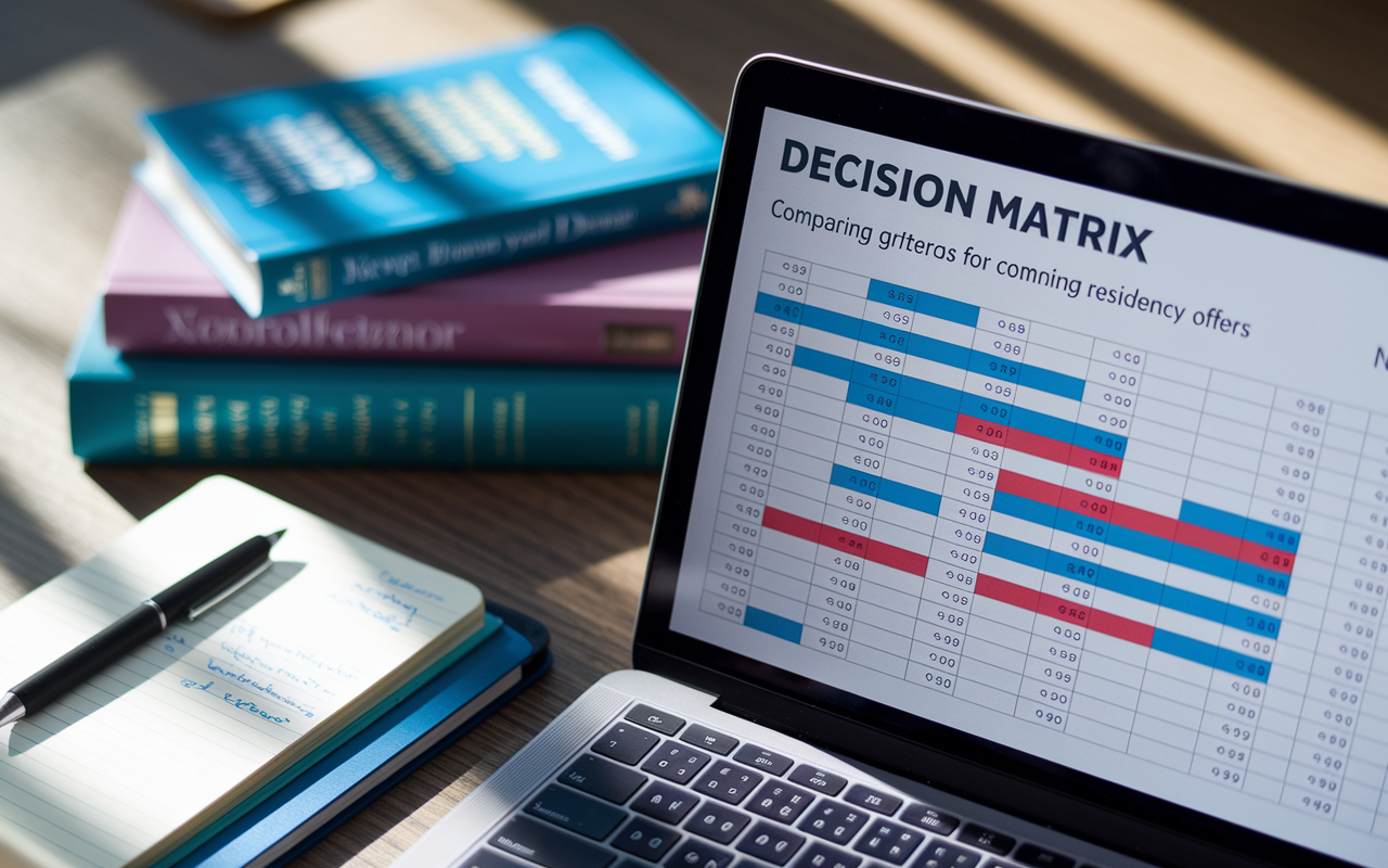 A close-up view of a laptop screen displaying a detailed decision matrix with colorful graphs and criteria for comparing residency offers. The background includes textbooks on medicine and a notepad with handwritten notes. The scene captures a moment of active decision-making, showcasing various scores assigned to offers clearly on the matrix. Soft light casts gentle shadows, adding depth and realism to the workspace.