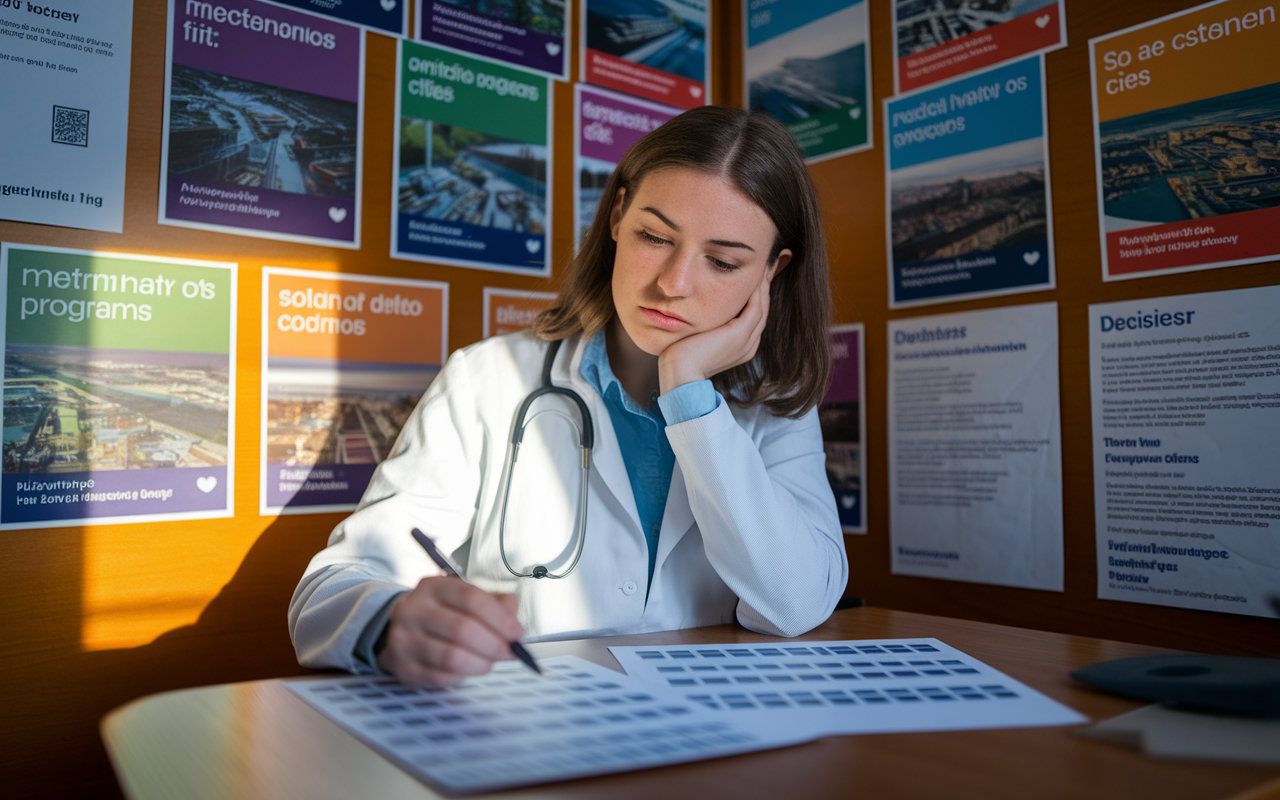 A contemplative medical student, Sarah, reviewing her pre-match offers at a cozy study corner. She’s surrounded by colorful posters showing different medical programs and their associated cities. Sarah is deep in thought, holding a pen and looking at a printed decision matrix, while sunlight illuminates the room with a warm glow, reflecting her ambition and hopes for the future. The image conveys a mix of uncertainty and determination, showcasing the important decision-making process.