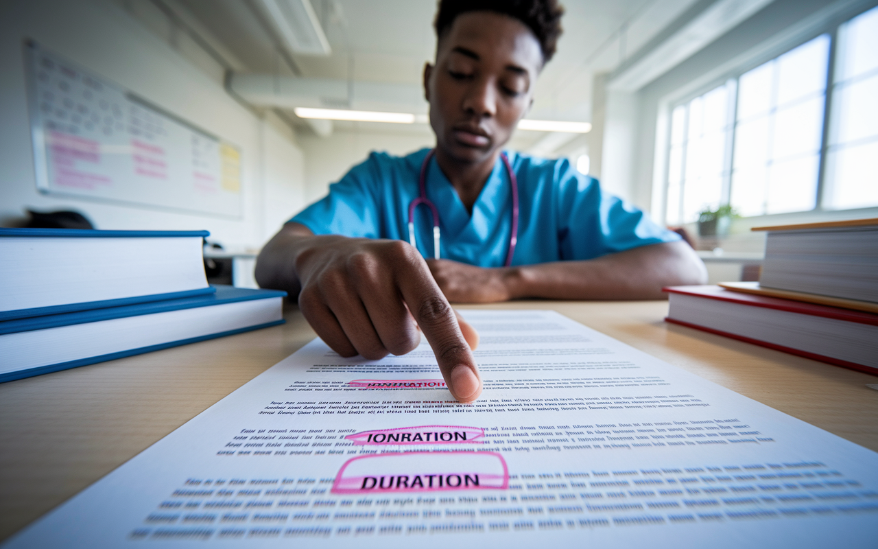 A close-up shot of a medical graduate pointing at a contract with highlighted sections on duration terms. The graduate appears engaged and serious, surrounded by a bright, open office space filled with medical books and a whiteboard scribbled with notes. The light pours in from a nearby window, casting hopeful shadows as the graduate contemplates their future, reflecting a moment of pivotal decision-making.