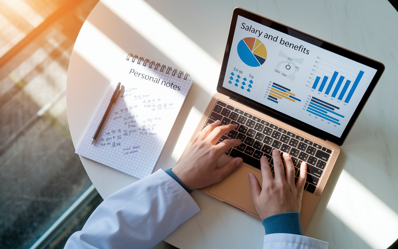 An overhead view of a medical graduate engrossed in a comparative analysis of salary and benefits on a laptop, with graphs and charts displayed on the screen. A notepad beside them filled with calculations and personal notes illustrates their meticulous preparation. Bright afternoon light floods in, signifying clarity and the pursuit of a well-informed decision.