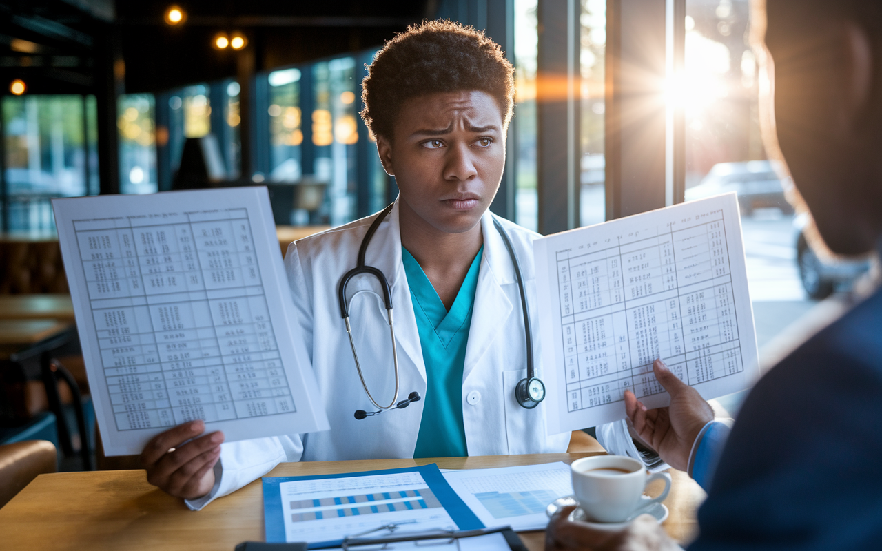 A medical graduate surrounded by charts detailing work hours, with an expression of curiosity mixed with concern. The setting is a modern café, creating a warm and inviting ambiance, where they are discussing residency expectations with a mentor over coffee. The sun shines through the window, symbolizing guidance and insight as they navigate this crucial decision.