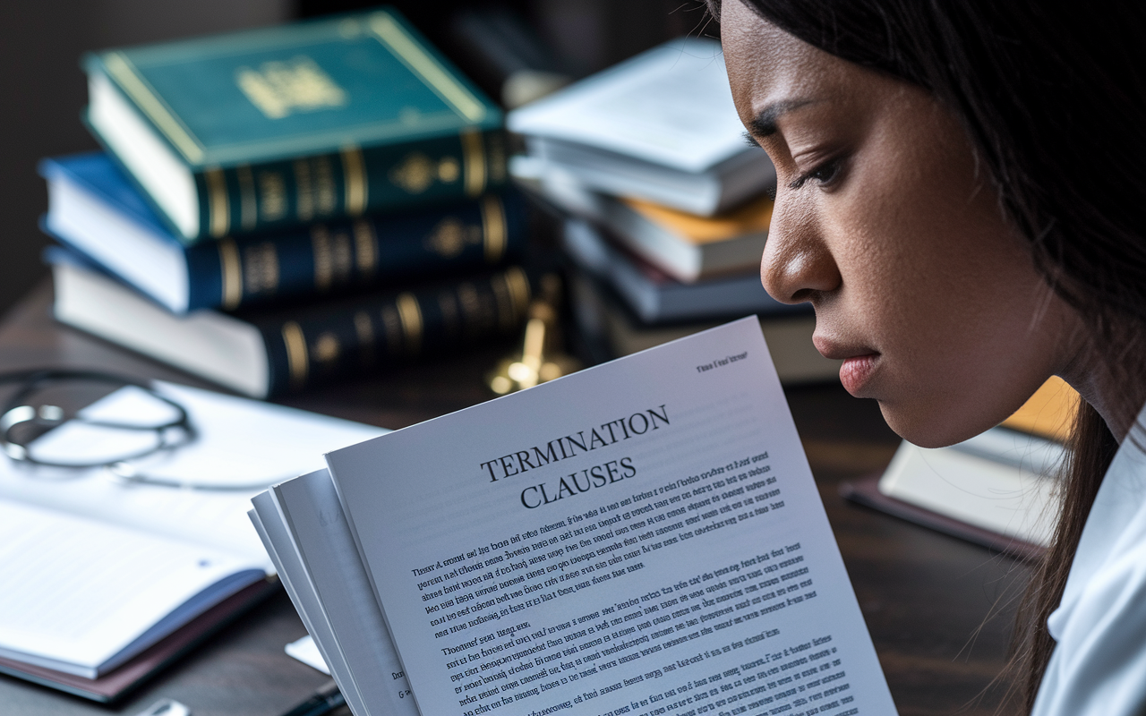 Close-up of a medical graduate looking apprehensive as they study a section of a pre-match contract detailing termination clauses. The atmosphere is tense yet focused, with soft lighting creating a reflective mood. Surrounding them are scattered legal books and notes, emphasizing the complexity and seriousness of contract details that will shape their medical career.