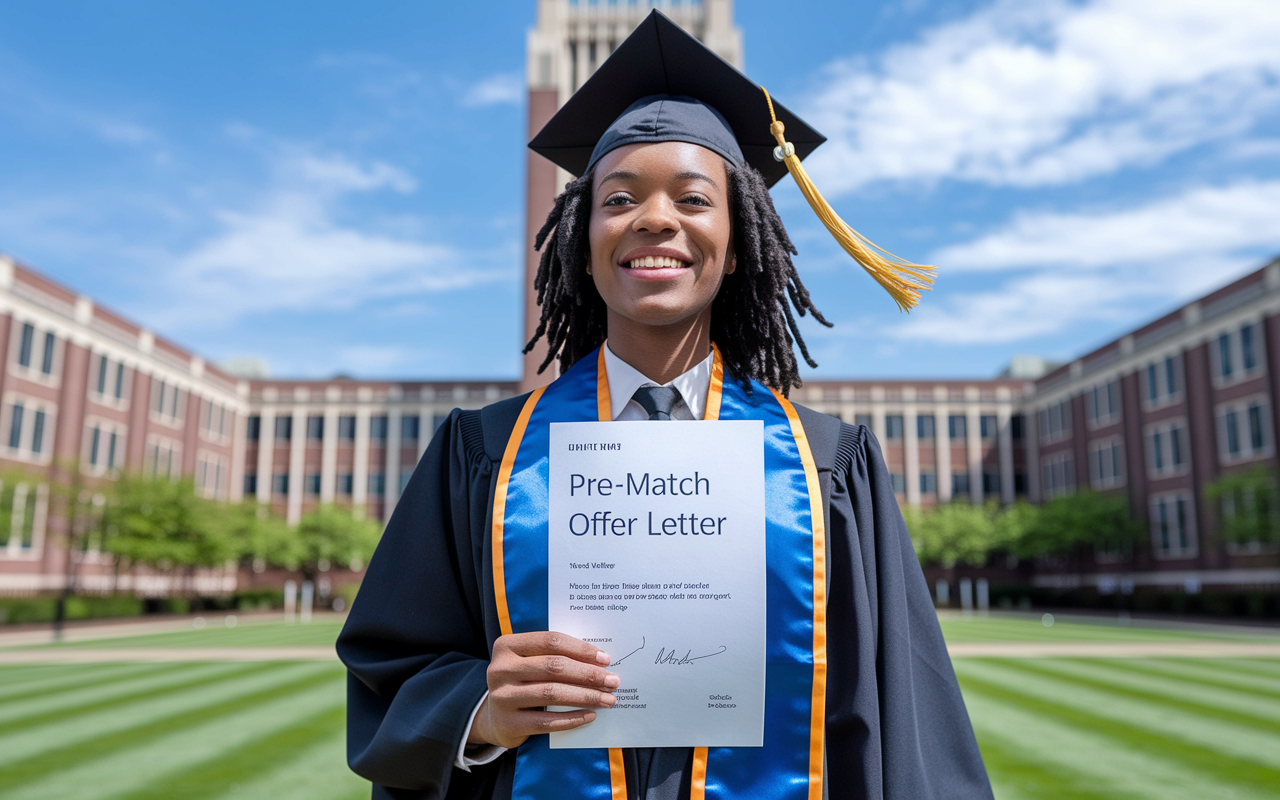 A determined medical graduate standing confidently in front of a large university building with graduation robes flapping gently in the wind. The background showcases a bright blue sky, symbolizing new beginnings. In their hand, they proudly hold a pre-match offer letter, reflecting a blend of achievement and anticipation for their residency journey ahead.