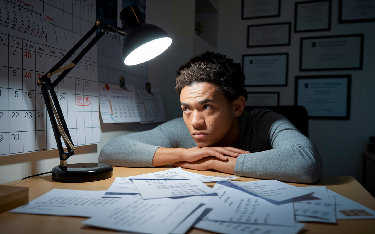 A close-up view of a medical applicant sitting at a desk littered with pre-match offer letters, looking contemplative. The applicant’s facial expression reflects a blend of worry and hope, illuminated by a single desk lamp. The background features a calendar with important dates circled and medical certificates on the wall, emphasizing the weight of their decisions. Soft, warm light creates an inviting yet tense atmosphere.