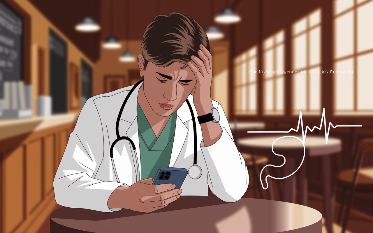 An illustration of a young medical professional, sitting in a café, holding their head in contemplation. Their expression shows conflict as they look at their pre-match offer on a mobile phone. The café is cozy, with warm wood tones, and soft lighting, creating an intimate atmosphere. Subtle visual metaphors are depicted—like a racing heartbeat illustrated on a digital watch and a faint outline of a stomach to evoke gut feelings and intuition.