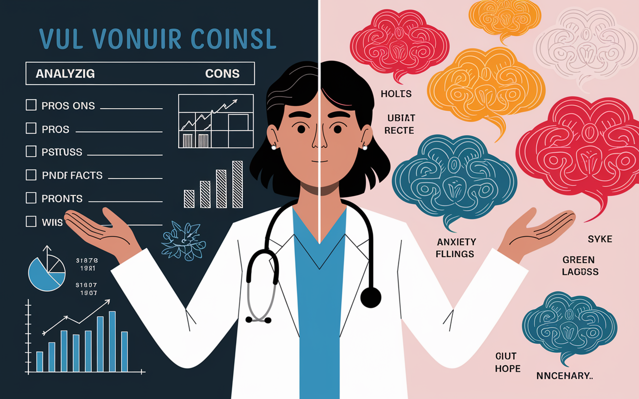 A split-scene depiction of a medical student visualizing their decision process. One side shows them analyzing a list of pros and cons on a board, surrounded by charts and facts, looking focused. The other side illustrates chaotic thoughts represented by swirling clouds, showcasing their gut feelings in vibrant colors like red for anxiety and green for hope. The contrasting colors highlight the balance between analytical reasoning and emotional instinct.