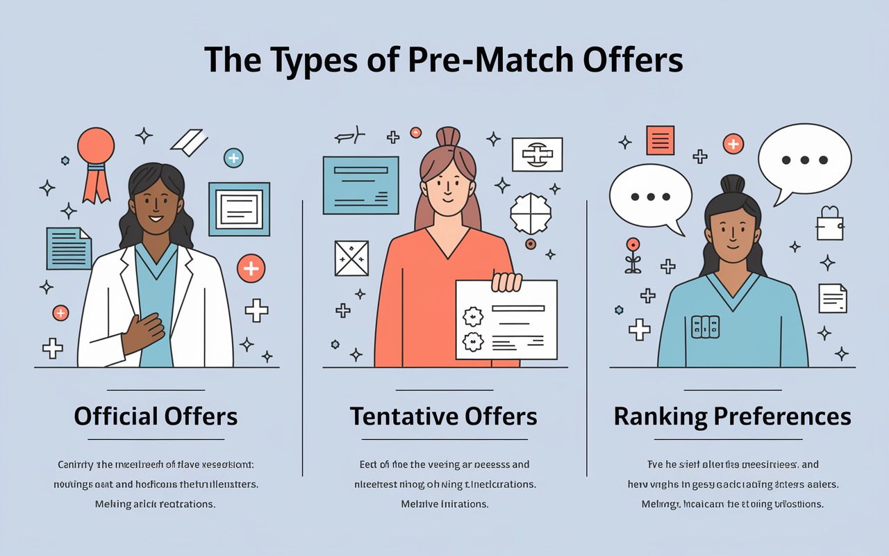 An informative and visually engaging diagram illustrating the different types of pre-match offers: official offers, tentative offers, and ranking preferences. Each section has unique icons and visuals—such as certificates for official offers and thought bubbles for tentative offers—set against a background of medical-themed illustrations. The color palette should be soft and educational, inviting clarity.