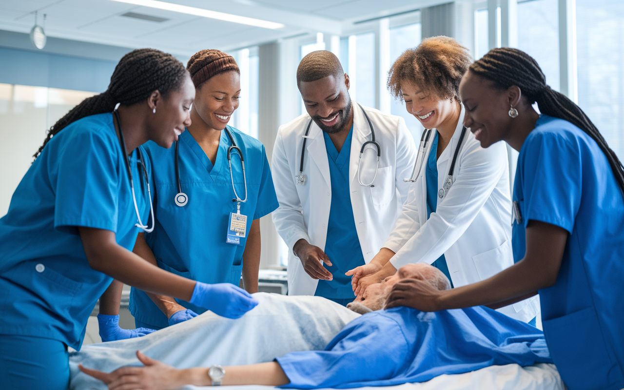 A vibrant scene showcasing a diverse group of medical residents from different backgrounds collaborating in a clinical setting. They are engaged in hands-on training with a patient simulation, surrounded by modern medical equipment. Bright, natural lighting floods a well-designed hospital room, symbolizing a nurturing and inclusive learning environment, with enthusiastic expressions indicative of teamwork and camaraderie.