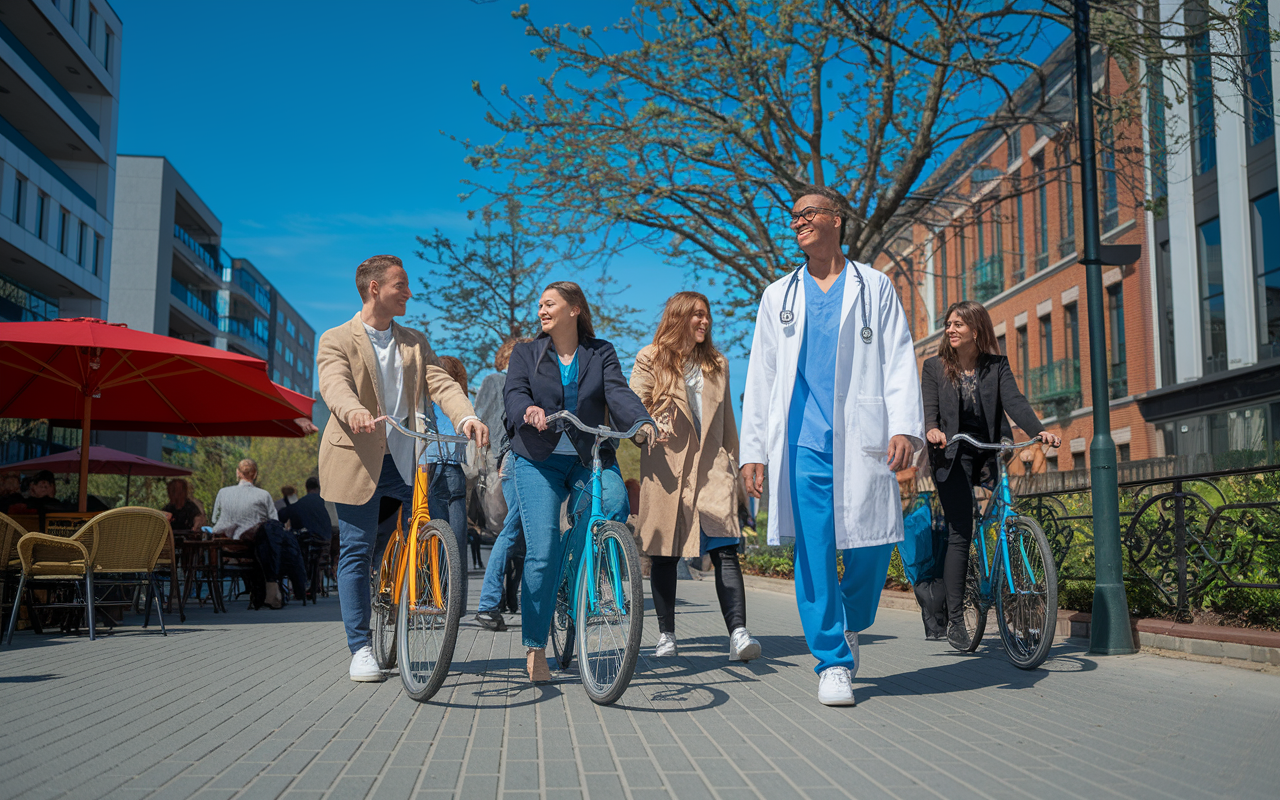 A lively urban neighborhood scene featuring a young medical resident enjoying the local environment. They are walking past cafes and parks with friends, showcasing a balanced lifestyle amidst the hustle of a city. The sky is clear and blue, with people biking and socializing, emphasizing community engagement and vibrant social opportunities available to urban professionals.