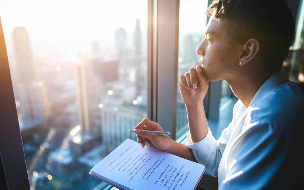 A contemplative medical student gazing out of a window with a view of a bustling city, deep in thought about residency choices. Sunlight streams through the glass, creating a warm and hopeful ambiance. They hold a pen and a notebook filled with pros and cons, symbolizing a blend of emotion and rational decision-making. The scene captures the journey of a future physician, with soft focus on city life beyond the glass, representing opportunities ahead.