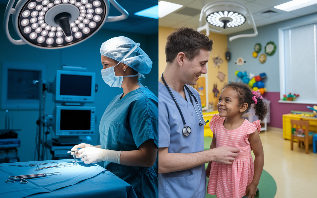 A split scene showing two distinct rotations of medical residents. On one side, a female resident in scrubs prepares for surgery, with surgical instruments and monitors in a bright operating room. On the other side, a male resident interacts with a pediatric patient in a colorful children's clinic, filled with toys and cheerful decor. The lighting on both sides highlights the intensity of surgery and the warmth of pediatric care, illustrating the variety of experiences during the Preliminary Year.