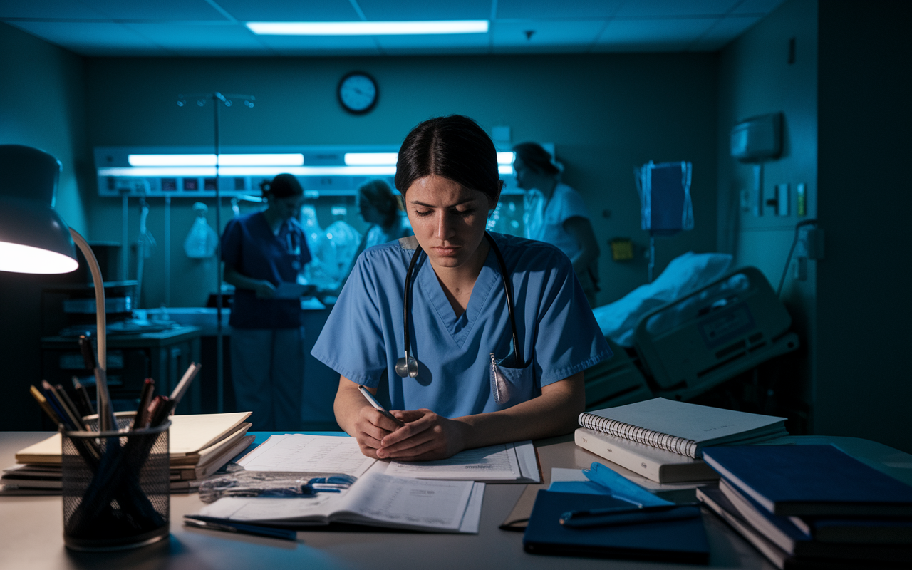 A dramatic scene depicting a medical resident in scrubs sitting at a cluttered desk filled with notes and textbooks late at night in a dimly lit hospital room. Expressions of fatigue mixed with determination are visible on their face. In the background, a busy nursing station hums with activity, while a clock shows the late hour, emphasizing the rigorous demands of the Preliminary Year and the resilience required to balance education and personal well-being.