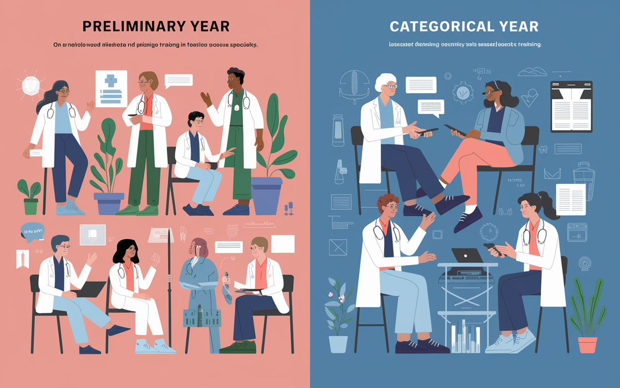 A side-by-side illustration depicting the difference between the Preliminary Year and Categorical Residency. On one side, a group of residents engaging in multidisciplinary training, sharing insights from various specialties. On the other side, focused residents deep in study and practice within a specific specialty, showcasing the contrast between broad foundational training and intensive focused studies. The setting is vibrant and educational with visual elements highlighting both paths.