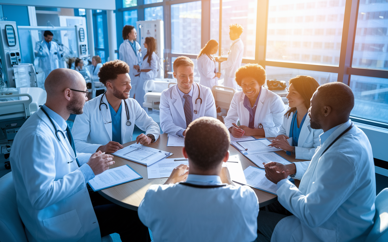 An inspiring scene depicting diverse medical residents in a vibrant teaching hospital, participating in a collaborative roundtable discussion with attending physicians. The atmosphere is filled with energy, with residents sharing ideas and asking questions. The room is filled with medical charts and advanced equipment, with sunlight streaming through large windows, creating an uplifting and encouraging environment for learning and growth.