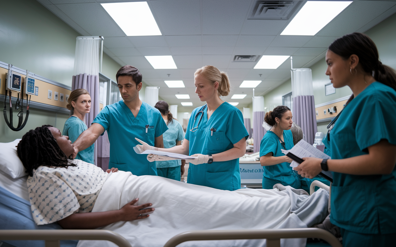 A scene in a busy hospital ward where a group of residents in scrubs are engaged in a practical training session. One resident examines a patient on a hospital bed, while another reviews charts. The background features medical equipment and nurses attending to other patients, with bright overhead lights illuminating the space, conveying a sense of urgency and dedication.