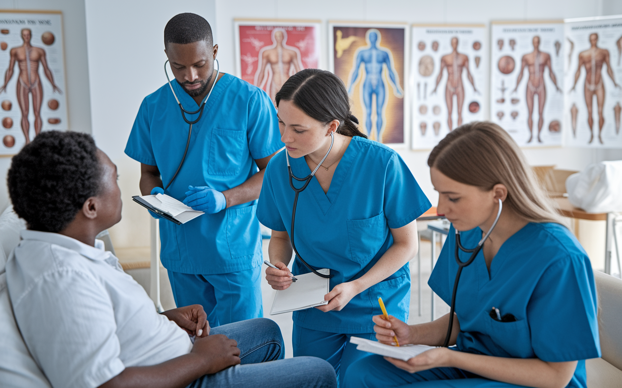 A group of medical interns in scrubs interacting with patients in a clinical setting during their preliminary residency year. One intern is listening to a patient’s heartbeat with a stethoscope while another is taking notes. The room is bright and well-organized, filled with posters of human anatomy, and a sense of learning and curiosity fills the air.