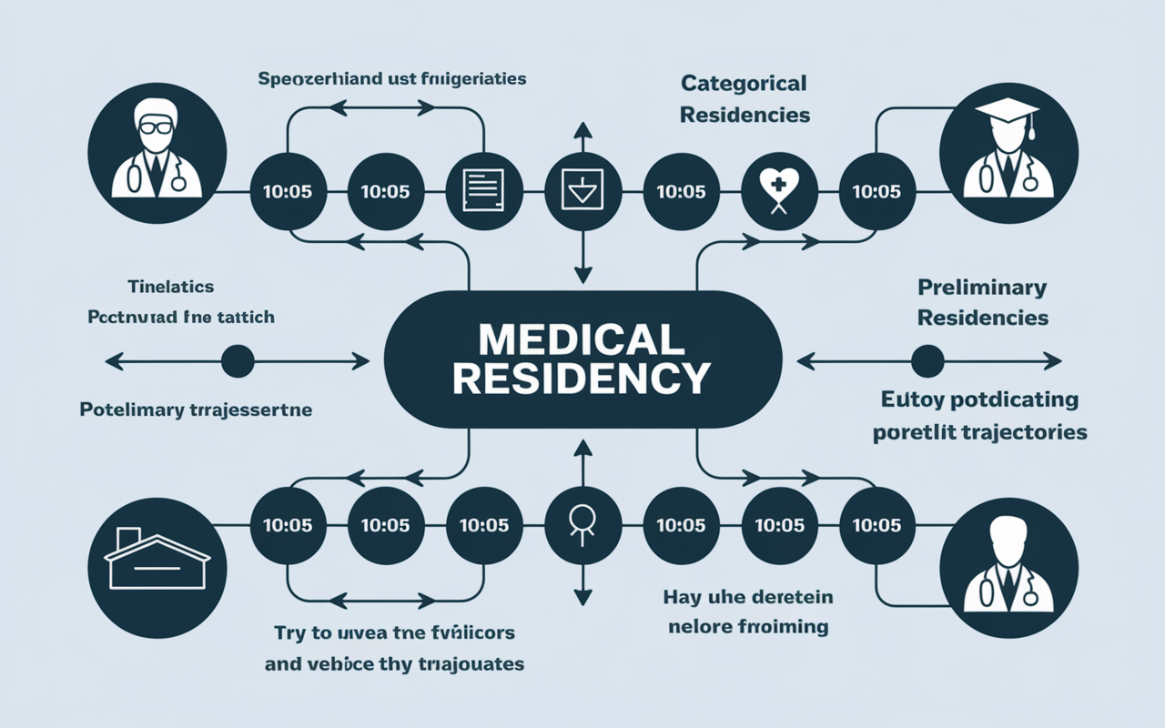 An illustrative flowchart displaying medical residency pathways, highlighting the distinction between categorical and preliminary residencies. The chart includes icons representing different medical specialties, timelines showing years of training, and arrows indicating potential career trajectories. The background is a light color, enhancing clarity and visual impact, symbolizing the decisions faced by medical graduates.