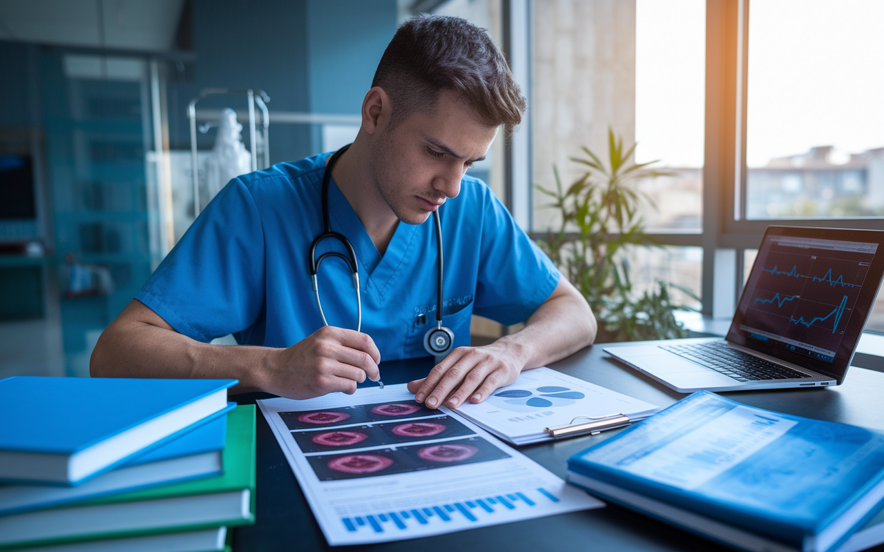 A focused young male cardiology resident in a hospital, studying intently over echocardiogram images and patient reports at his desk. The workstation is cluttered with medical textbooks and a laptop with graphs on the screen. The ambient light coming from a nearby window highlights his determination and ambition for his future specialty.