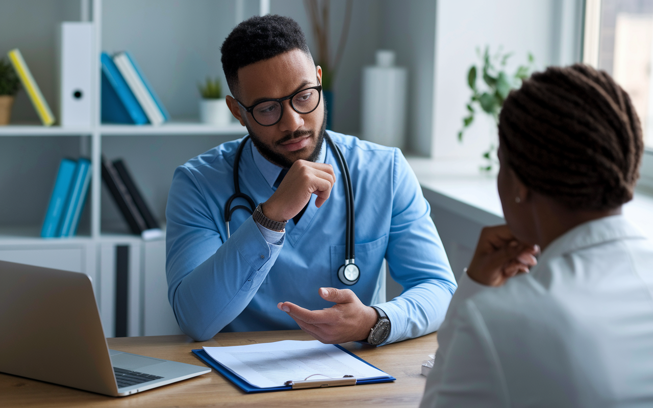 A thoughtful medical advisor in an office setting, counseling a resident about switching from preliminary to categorical residency. The scene conveys an atmosphere of support and advice, with medical charts and a laptop present on the desk, symbolizing strategic planning for a successful residency path.