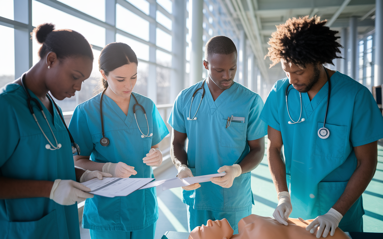 A group of medical residents in scrubs collaborating in a modern hospital setting, discussing cases and learning from each other. One resident is examining a patient's chart, while another demonstrates a medical procedure on a mannequin. Sunlight filters through the hospital's large windows, illuminating their focused expressions and conveying a sense of purpose and camaraderie.