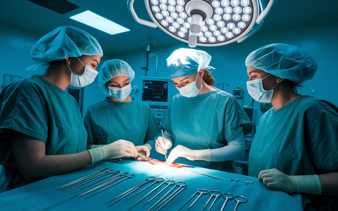 A young female orthopedic surgeon in surgical scrubs and a mask confidently performs a surgery in a modern operating room, assisted by a team of healthcare professionals. The bright, sterile environment is lined with advanced medical equipment, while detailed surgical instruments are organized neatly. The atmosphere is focused and energetic, showcasing teamwork, urgency, and dedication in the pursuit of saving a patient’s life.