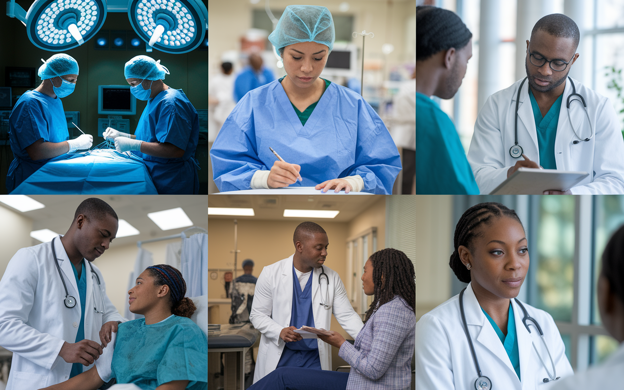 A collage of various clinical settings showcasing medical residents in action: one resident performing a surgical procedure in an operating room, another taking notes in a pediatric ward, and a third consulting with a patient in internal medicine. Each scene is brightly lit, emphasizing the diversity of the medical fields covered during the preliminary year, with expressions of focus and determination on the residents' faces. The overall composition conveys a sense of teamwork and commitment to patient care.