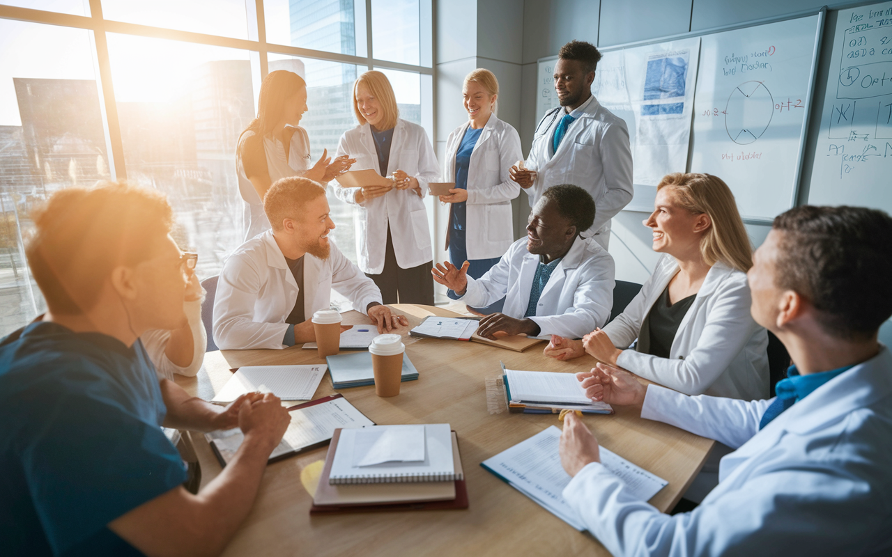 An engaging scene in a hospital conference room where medical residents are networking during a lunch break. Diverse young professionals are exchanging ideas, laughing, and sharing experiences around a table filled with medical journals and coffee cups. The sunlight filters through the windows, creating a warm atmosphere filled with camaraderie and excitement about learning different specialties. The backdrop includes medical posters and a whiteboard with calculations and notes.