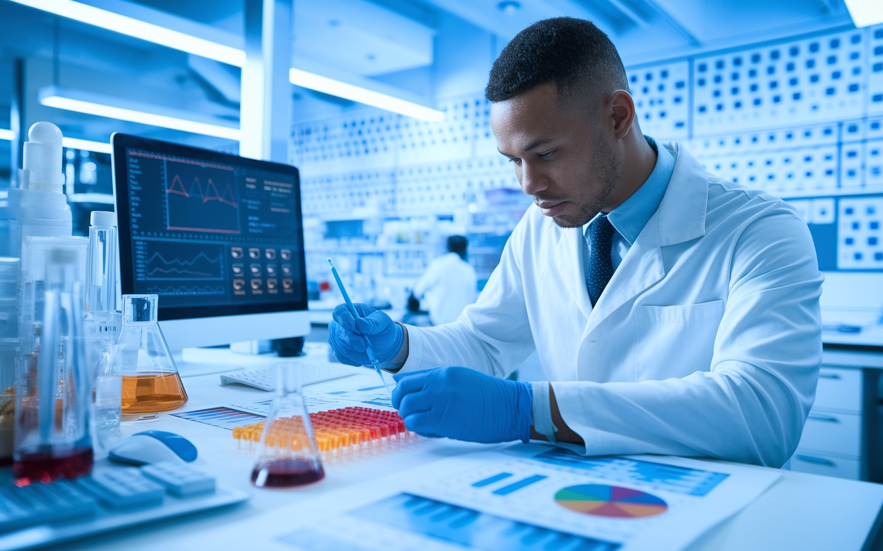 A focused medical resident in a lab coat, working diligently on a research project in a laboratory setting. The scene is filled with scientific equipment, charts, and data analysis on a computer screen, highlighting the integration of research with practical medicine. The lighting is bright and clear, creating an atmosphere of innovation and discovery, with an array of medical samples neatly organized in the background.