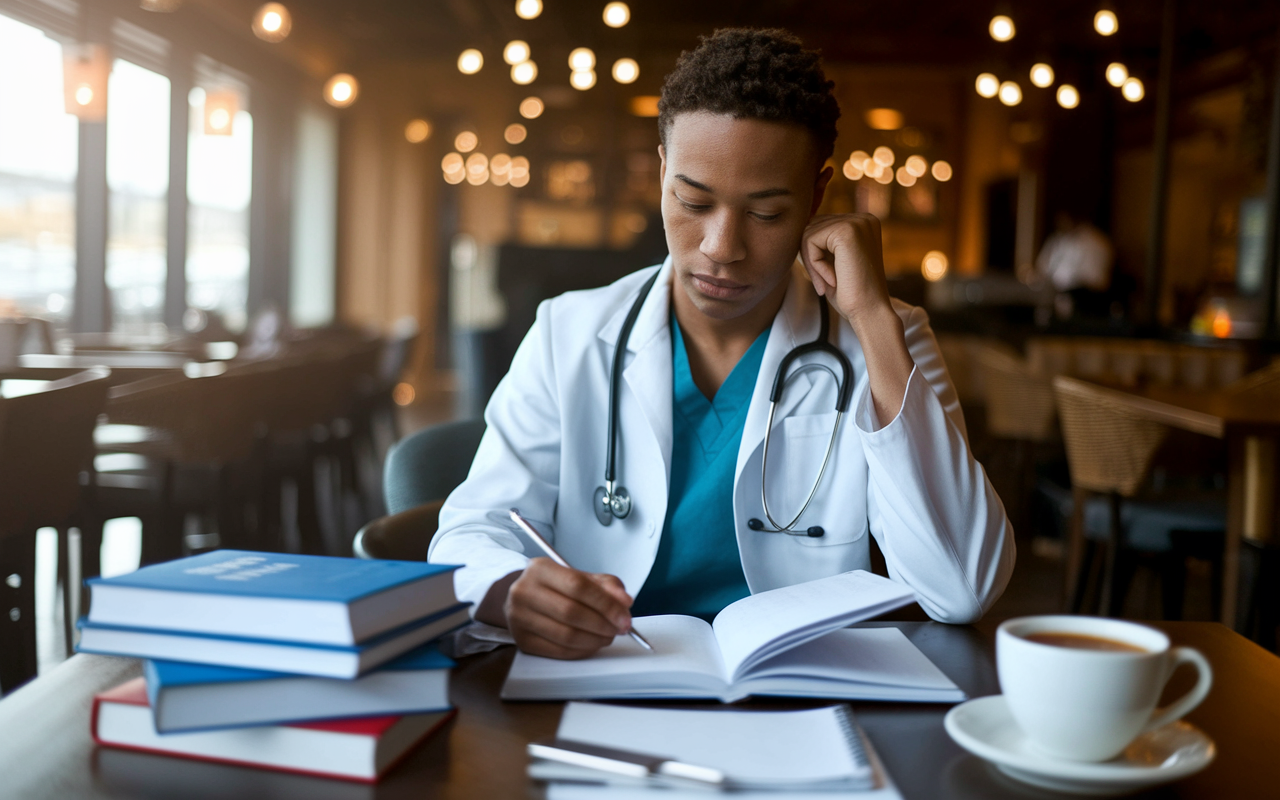 A thoughtful medical resident reviewing their personal and professional goals while sitting in a cozy coffee shop surrounded by medical textbooks and notes. The warm ambiance highlights a moment of reflection, with soft lighting and calming decorations. The resident appears contemplative, symbolizing the balance between the demanding nature of residency and personal aspirations, creating a serene and focused atmosphere.