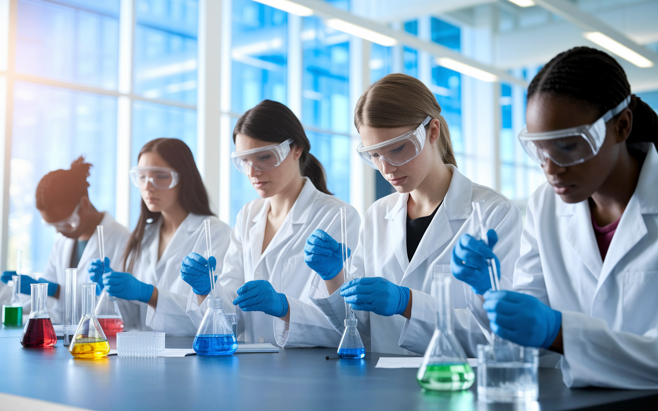 A diverse group of students in a bright, modern laboratory, actively participating in a chemistry experiment. They are wearing lab coats and safety goggles, focused on their tasks. Chemical reagents are visible on the table, along with safety equipment. Large windows allow natural light to flood the room, creating an inspiring atmosphere of discovery and collaboration.