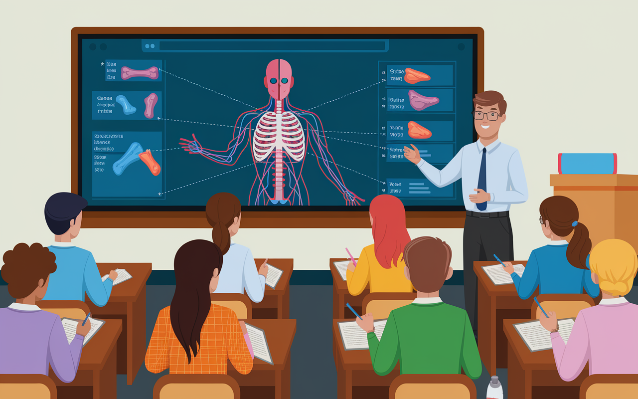 An educational scene depicting a classroom filled with students engaged in a biology lecture. The instructor, in front of a large interactive screen displaying a colorful 3D model of a human body, is explaining complex concepts. Students, of various backgrounds, actively take notes and discuss, illustrating a vibrant learning environment.