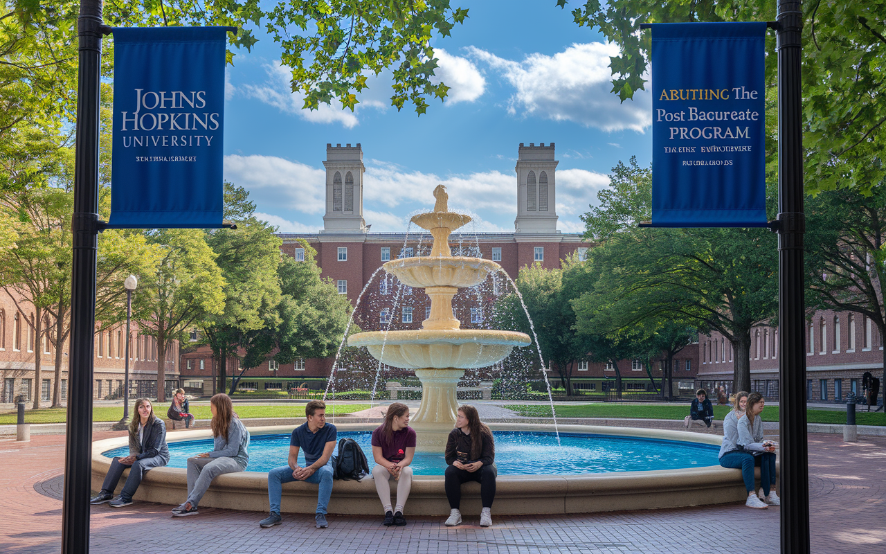 A vibrant campus scene at Johns Hopkins University, with students gathered around a beautiful fountain, discussing their academic pursuits. The historic buildings in the background and a banner advertising the post-baccalaureate program create an inspiring atmosphere. Under bright blue skies, the scene highlights the community, ambition, and academic excellence.