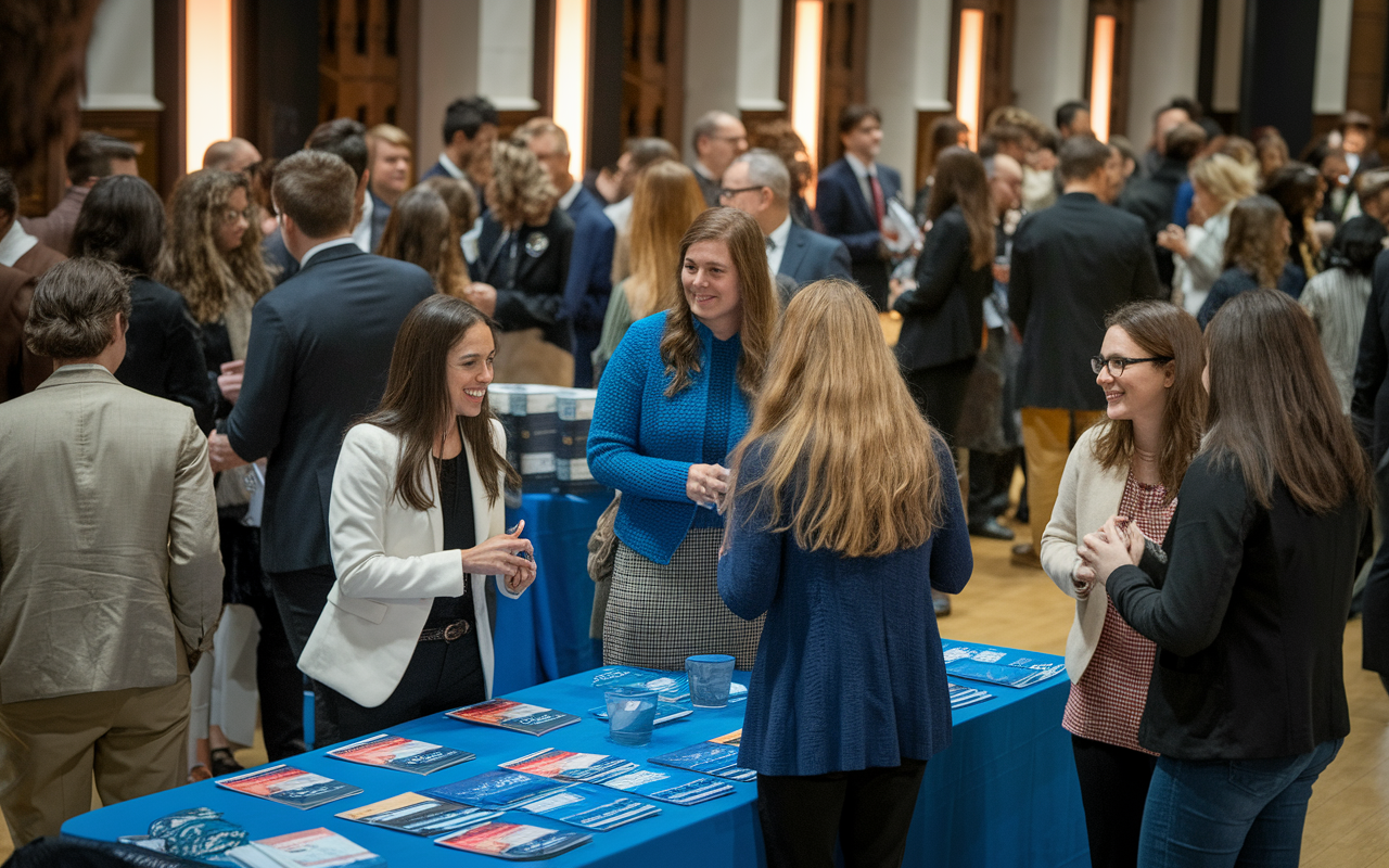 A lively networking event in a university hall, with students and professionals mingling. Tables are arranged with informational brochures about medical schools. Faculty members are engaging with students, discussing pathways into medicine. The warm, inviting lighting creates an atmosphere of enthusiasm and collaboration, emphasizing the importance of connections in academic and professional journeys.