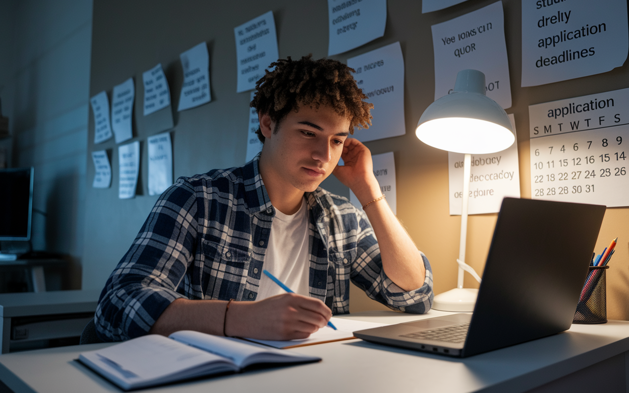 A hopeful young student sitting at a desk with a laptop open, intensely preparing for medical school applications. On the wall behind, motivational quotes are displayed, and a calendar shows application deadlines. The warm light from a lamp creates an intimate study space, underscoring the dedication and determination required for the journey ahead.