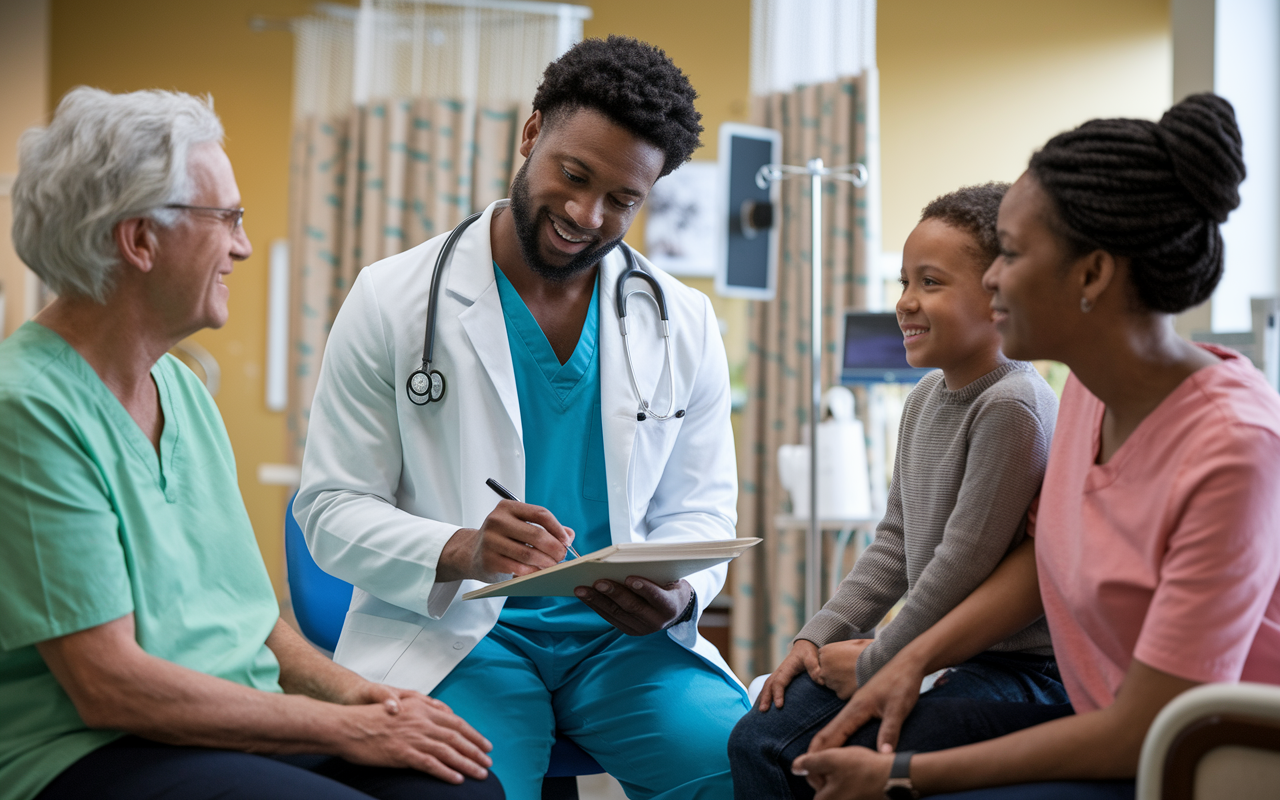 A medical resident in action during a clinical rotation, interacting with a diverse group of patients in a hospital setting. The scene captures a resident taking notes and engaging in conversation with an elderly patient and a young child accompanied by their parent. Surrounding elements include hospital decorations, medical tools, and a warm, welcoming atmosphere, emphasizing patient care and empathy.