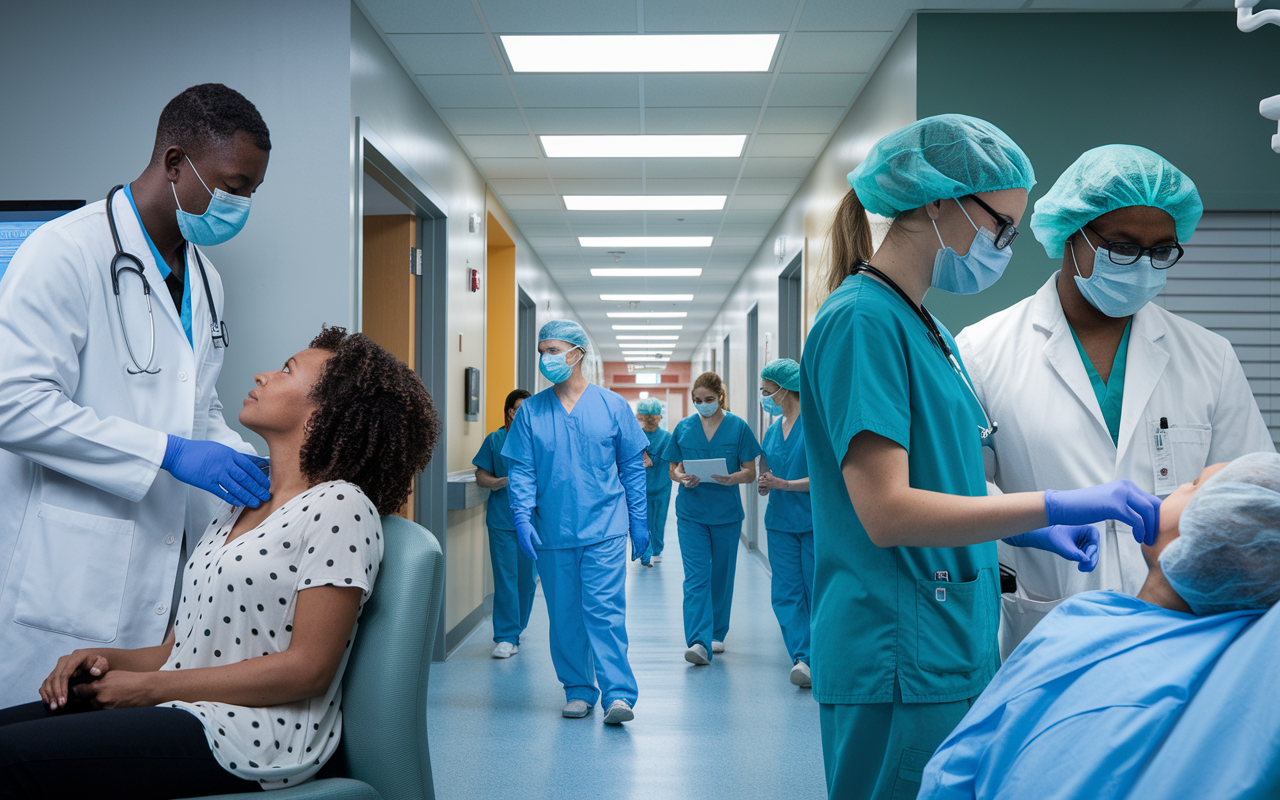 A dynamic collage of medical residents engaged in various clinical rotations: one resident performing a physical exam on an adult patient, another assisting in a surgical operation, and a third observing a pediatric examination. Vivid hospital hallways filled with patients and medical staff create a sense of energy and learning, highlighting the intricacies of healthcare.