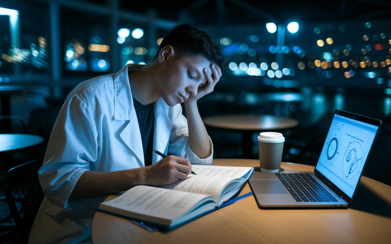 An exhausted medical resident sitting at a cafe table, reviewing notes and textbooks late at night, with a coffee cup beside them. The ambience is dimly lit, capturing the struggle of balancing rigorous studies with personal needs. A laptop is open, displaying medical diagrams, while the background offers a glimpse of city lights, symbolizing the ongoing commitment to learning amidst the challenges of residency.