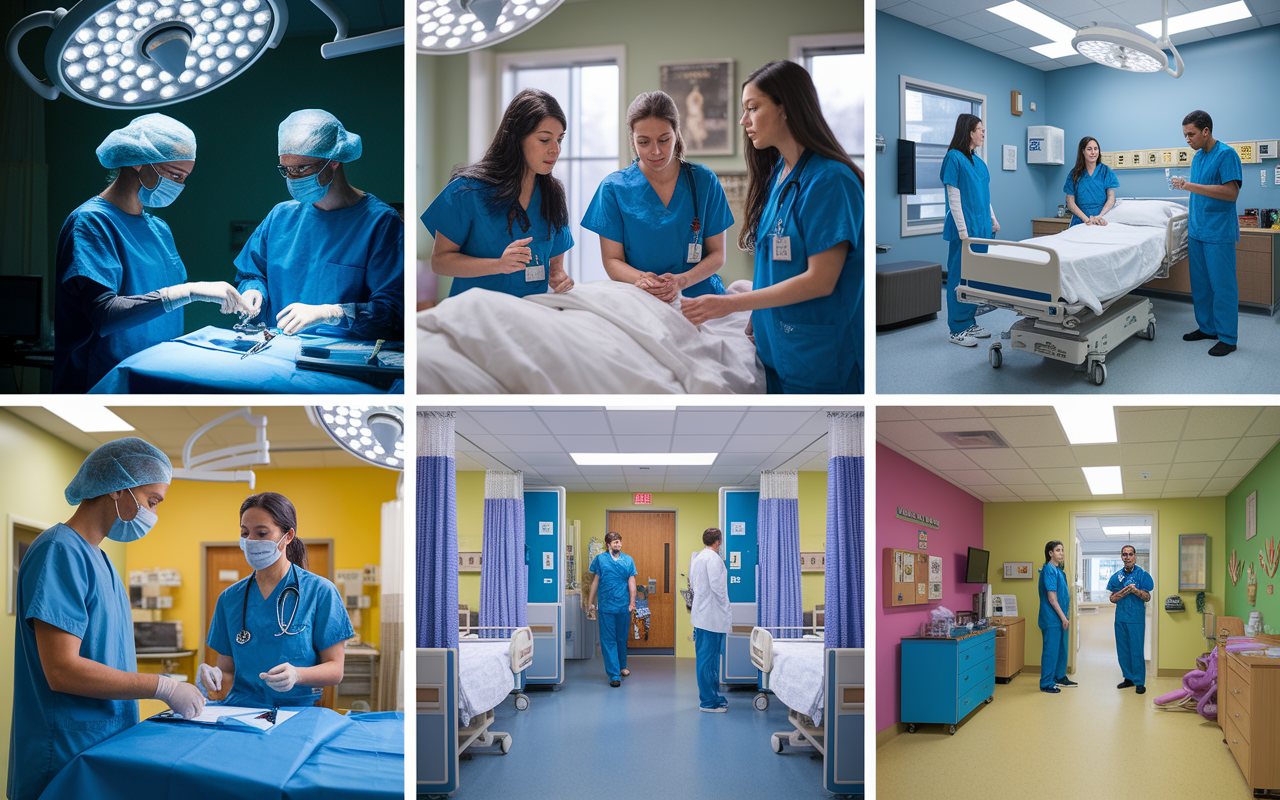 A collage showing different clinical training environments within a hospital during a preliminary year. One scene features a resident assisting in surgery, another shows a group of residents engaged in a case discussion around a patient bed in an internal medicine ward, and yet another depicts a pediatric ward filled with colorful decorations. Each scene is bright and dynamic, highlighting the critical skills being developed, and showcasing the hands-on experience of medical training. The style should be realistic, capturing the dedication and focus of the residents in various medical contexts.