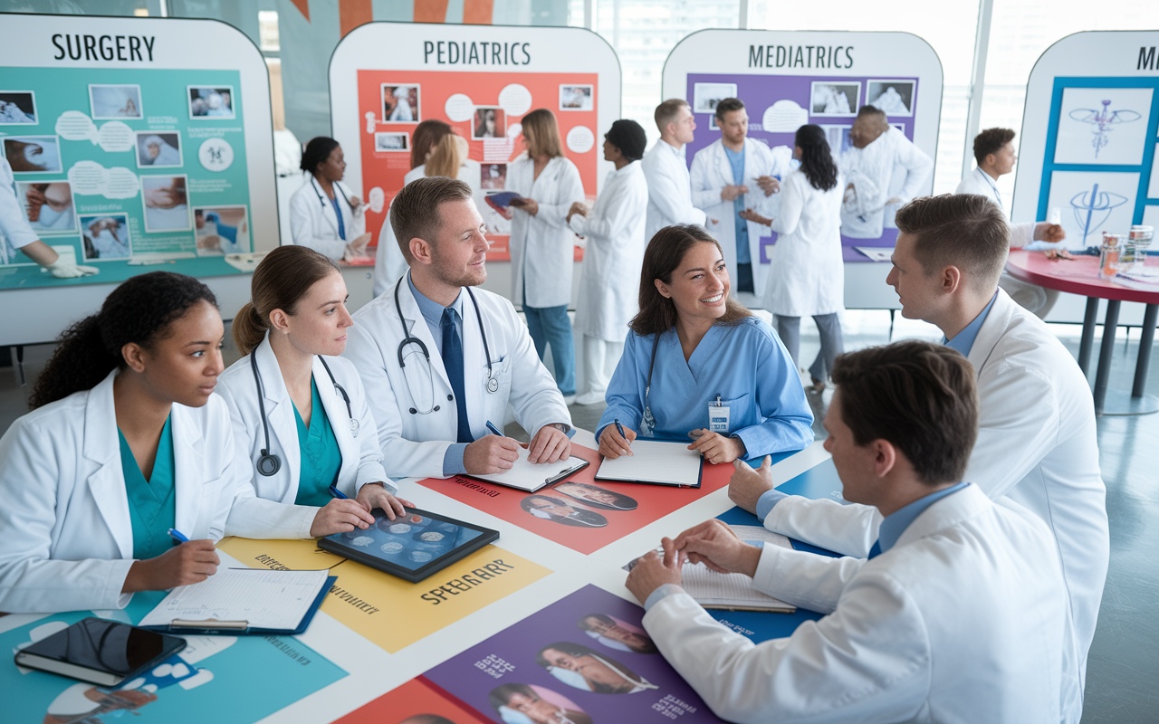 A group of medical residents participating in a workshop or seminar about different medical specialties. The room is filled with interactive displays showcasing various specialties such as surgery, pediatrics, and internal medicine. Residents, engaged and curious, are taking notes, discussing with one another, and interacting with mentors. The atmosphere is bright and inspiring, conveying a sense of exploration and learning, with elements of creativity in the layout and design of the workshop space.