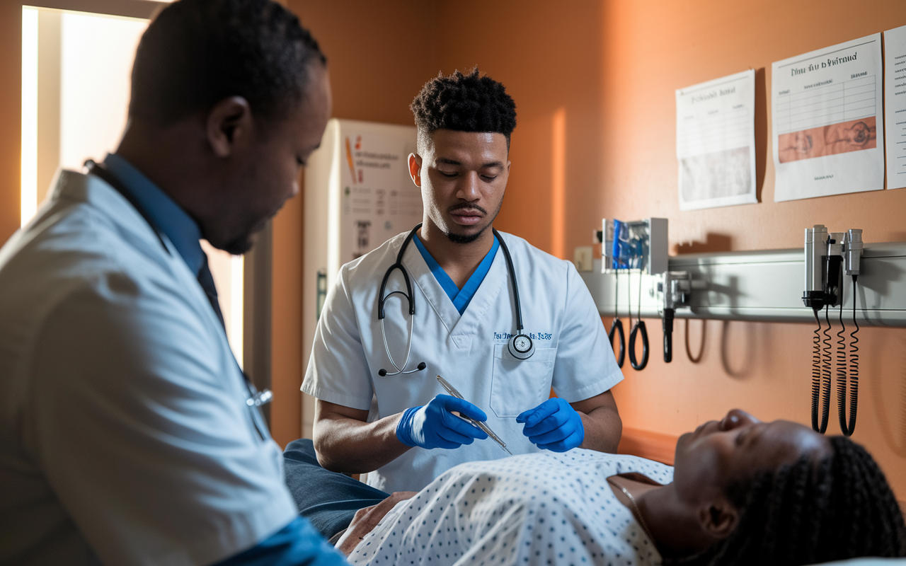 A medical resident performing a clinical procedure on a patient under the supervision of an experienced attending physician. The setting is a well-equipped examination room, with medical tools laid out neatly, and charts on the wall detailing patient information. The resident looks focused and determined, showcasing the invaluable hands-on training aspect of the preliminary year. Warm, natural lighting enhances the scene, conveying a sense of professionalism and growth.