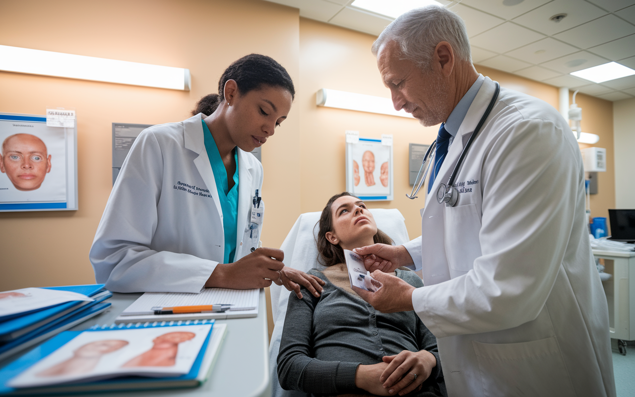 An aspiring dermatologist in a hospital setting, examining a patient with skin conditions alongside an attending physician. The room is bright, featuring medical charts, diagnostic tools, and a few skin condition references on a nearby desk. The dermatology resident is focused and taking notes, while the attending physician demonstrates treatment options, showcasing a collaborative learning environment. The lighting is warm and inviting, emphasizing the importance of mentorship in the medical field.