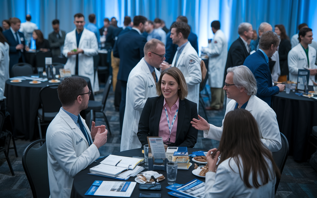 A scene capturing a networking event at a medical conference, where residents and attending physicians are mingling. The room is filled with both formal and casual settings, with interactive discussions happening at tables adorned with medical journals and refreshments. One group is animatedly talking about research projects, while another is sharing mentorship experiences. The lighting is soft and professional, conveying a sense of opportunity and camaraderie within the medical community.