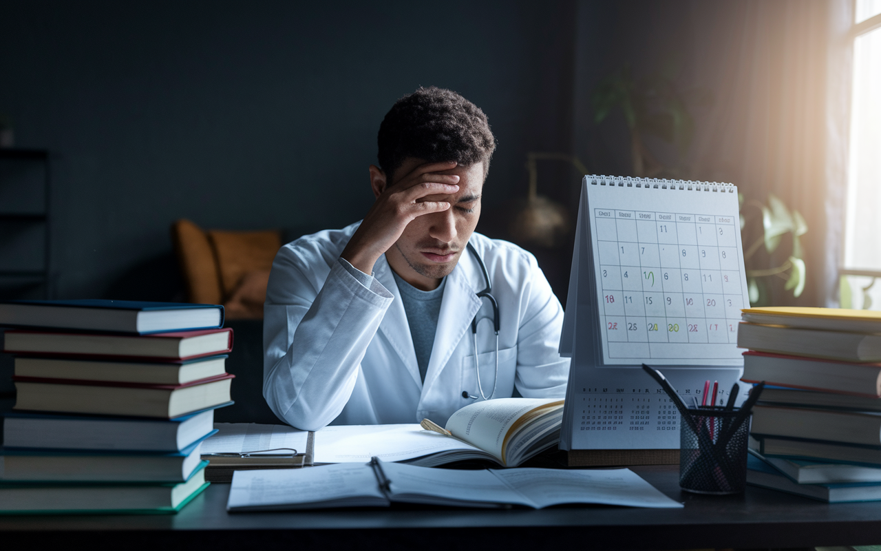 A reflective medical resident sitting at a desk cluttered with textbooks and notes, looking stressed while glancing at a calendar filled with deadlines and events. The room is dimly lit, revealing the weight of their long training journey. The expression speaks volumes about the internal struggle balancing career aspirations and personal life. Emphasize a thoughtful atmosphere with shadows and a hint of sunlight peeking through a window, symbolizing hope amidst the pressure.