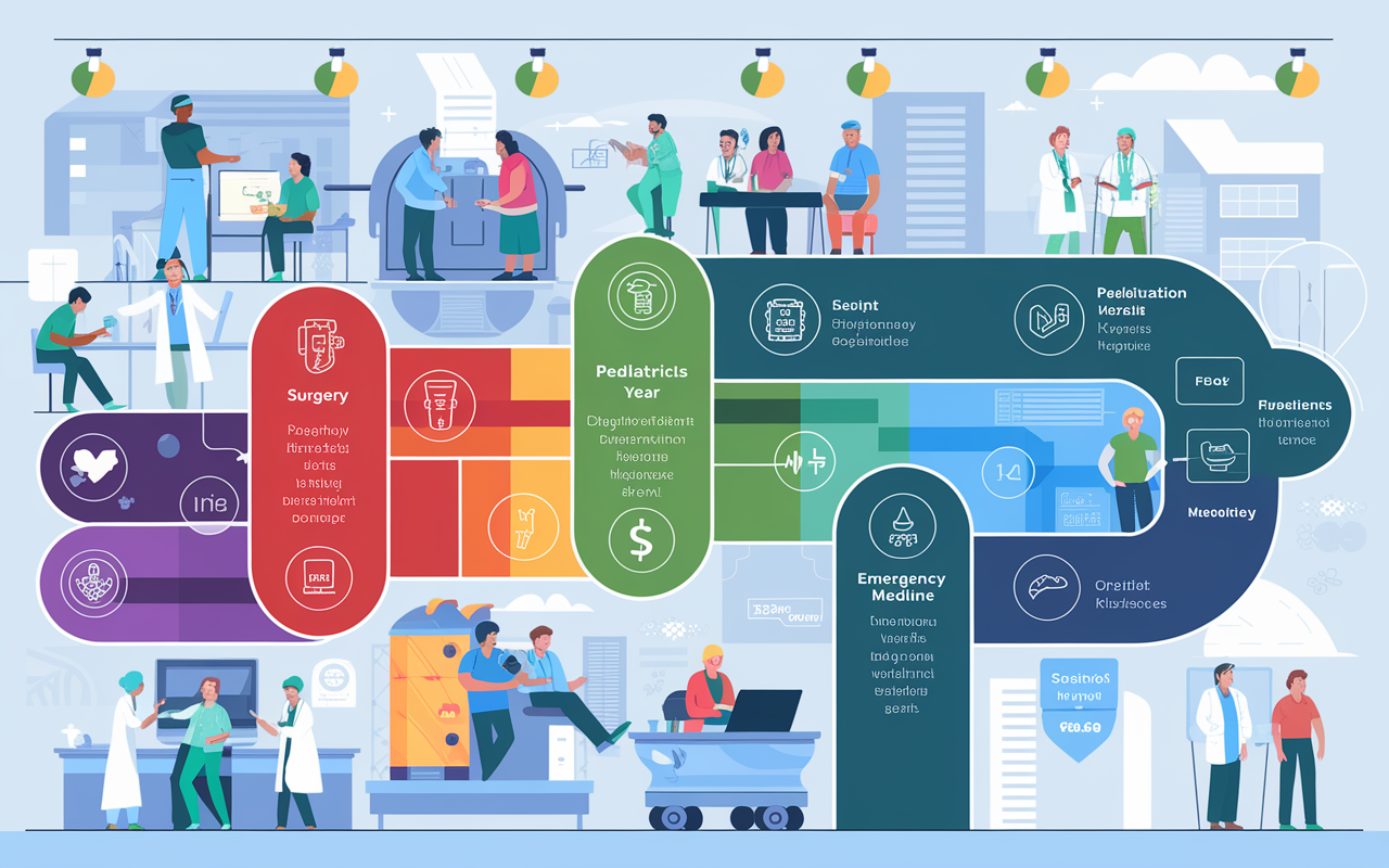 A visually engaging infographic-style illustration showing a flowchart of medical rotations during a preliminary year. Each section is represented by vibrant colors and icons depicting different specialties like surgery, pediatrics, and emergency medicine. The background is light and modern, highlighting the interconnectedness of these specialties and the diversity of the experiences residents will gain during this crucial first year.