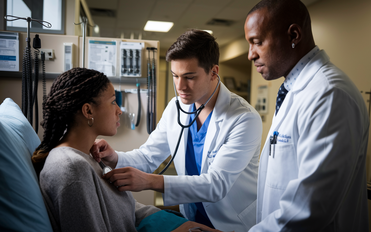 A dynamic scene in an internal medicine ward, where a resident is intently examining a patient with a stethoscope. The setting includes an array of medical charts, equipment, and a mentor physician guiding the resident. Soft lighting highlights the focused expressions of both the resident and patient, emphasizing the important learning moment in patient care.