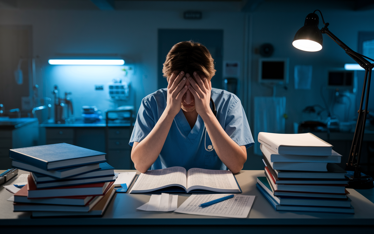 A visual representation of the emotional strain faced by a medical resident. The scene shows a resident sitting at a cluttered desk covered in textbooks and charts, their expression depicting exhaustion and stress. Soft, dramatic lighting focuses on the resident's face while a dimly lit hospital backdrop adds to the atmosphere of pressure and intensity, signifying the tough reality of residency.