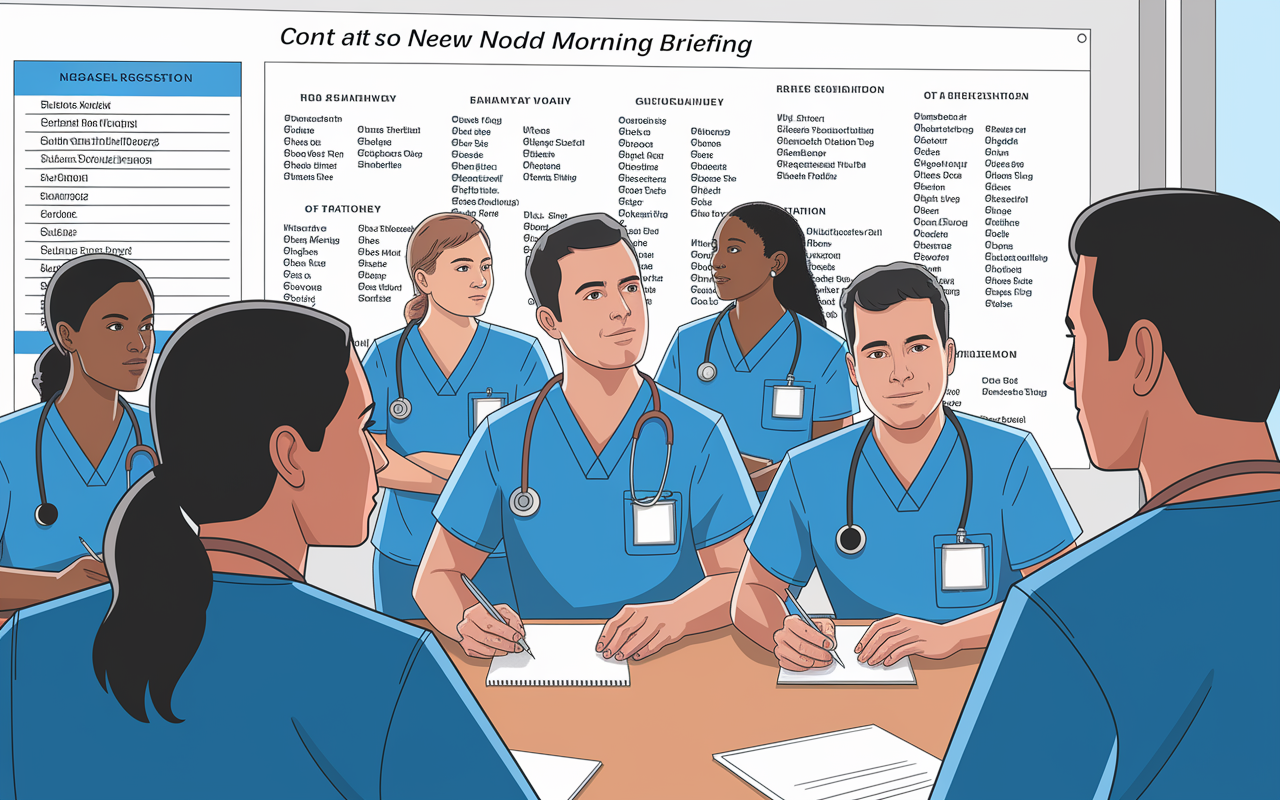 An illustrated scene showing a group of medical residents in scrubs participating in a hospital morning briefing. One resident is presenting information while others are attentively listening and taking notes. The room has a large whiteboard filled with charts and names of patients, reflecting a collaborative and educational environment. Bright lighting enhances the engaged expressions of the residents, symbolizing their dedication and eagerness to learn.