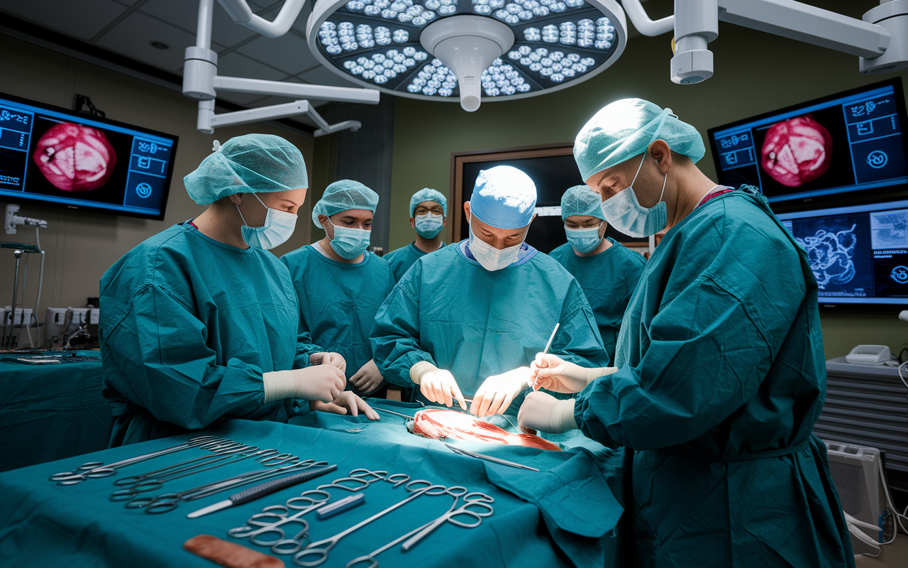 A focused surgery classroom scene where medical residents are gathered around an advanced surgical simulation setup. One resident is actively participating as they practice suturing techniques under the guidance of a senior surgeon. The room is filled with high-tech surgical equipment and screens displaying complex diagrams. The atmosphere conveys intensity and the seriousness of surgical training, highlighted by focused expressions and the detailed arrangement of surgical tools.