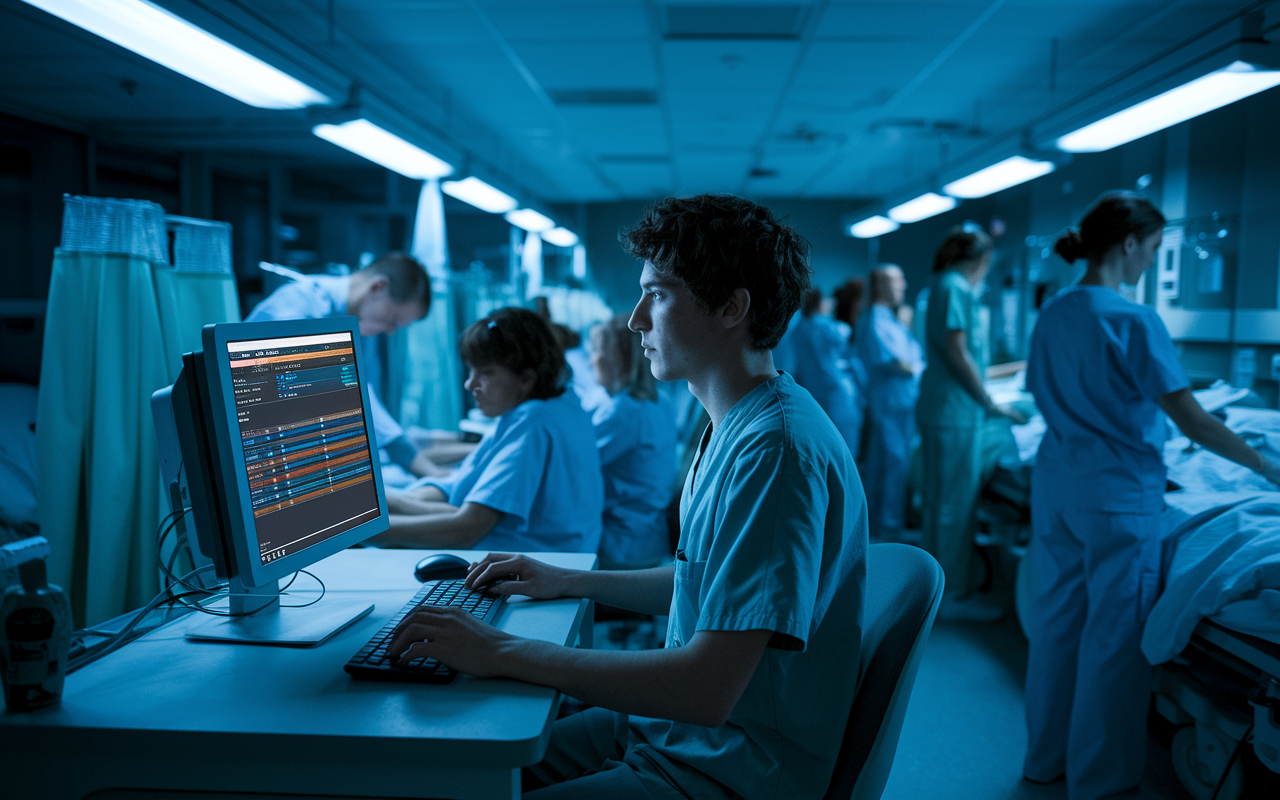 A nighttime hospital scene where a young resident, looking determined yet tired, is seated at a nursing station surrounded by a computer terminal displaying patient data. There is a sense of urgency in the air as nurses and other medical staff are attending to patients in the facility. The fluorescent lights cast a cool tone over the scene, capturing the reality of night shifts in a teaching hospital, emphasizing the commitment and resilience required in medical residency.