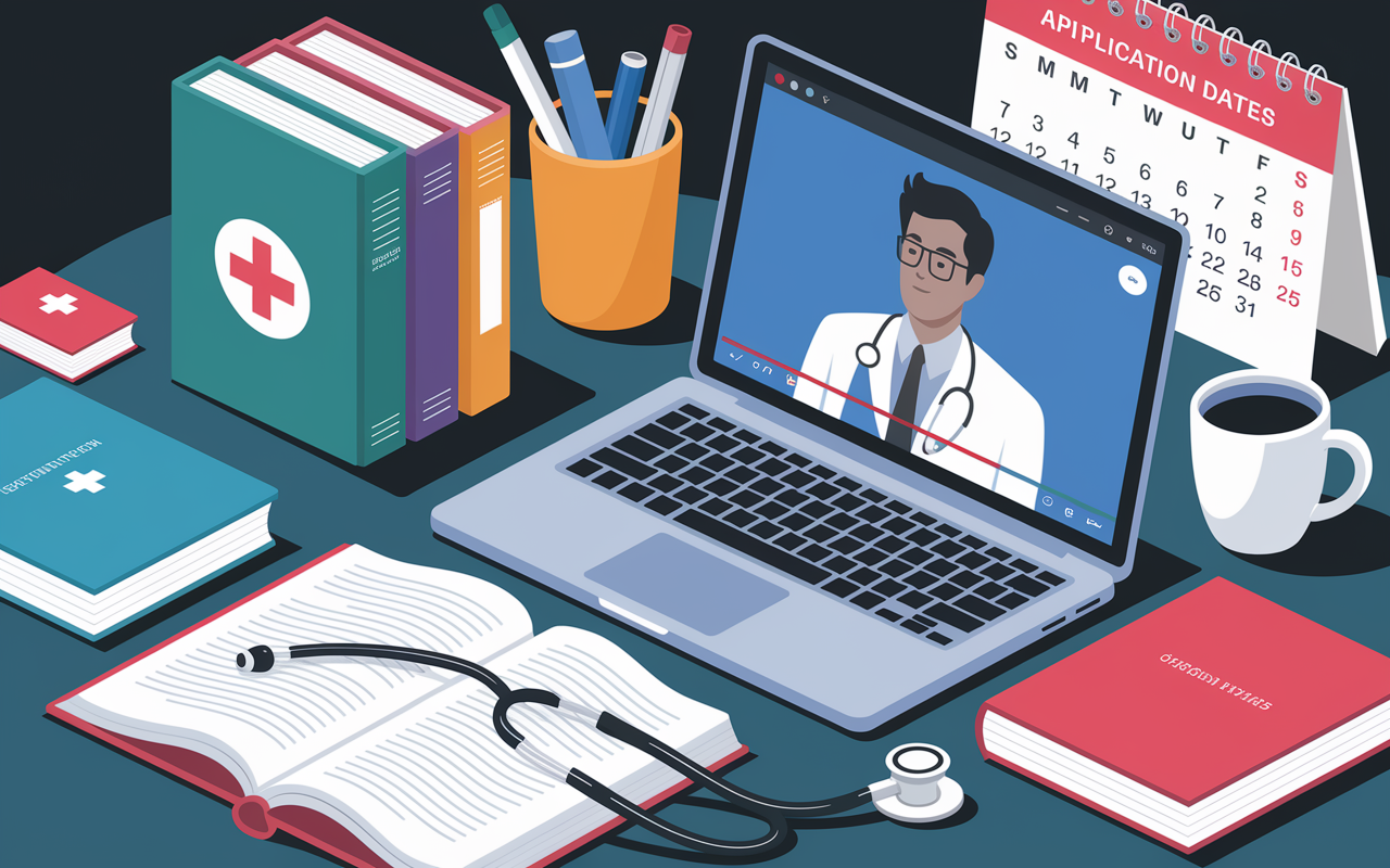 An engaging digital illustration of medical educational resources, featuring textbooks, a laptop displaying a video call with a mentor, medical journals, and a stethoscope placed creatively on a study desk. The lighting is bright, symbolizing knowledge and enlightenment, as a calendar with important application dates is visible in the background, indicating an organized and proactive approach to residency training.